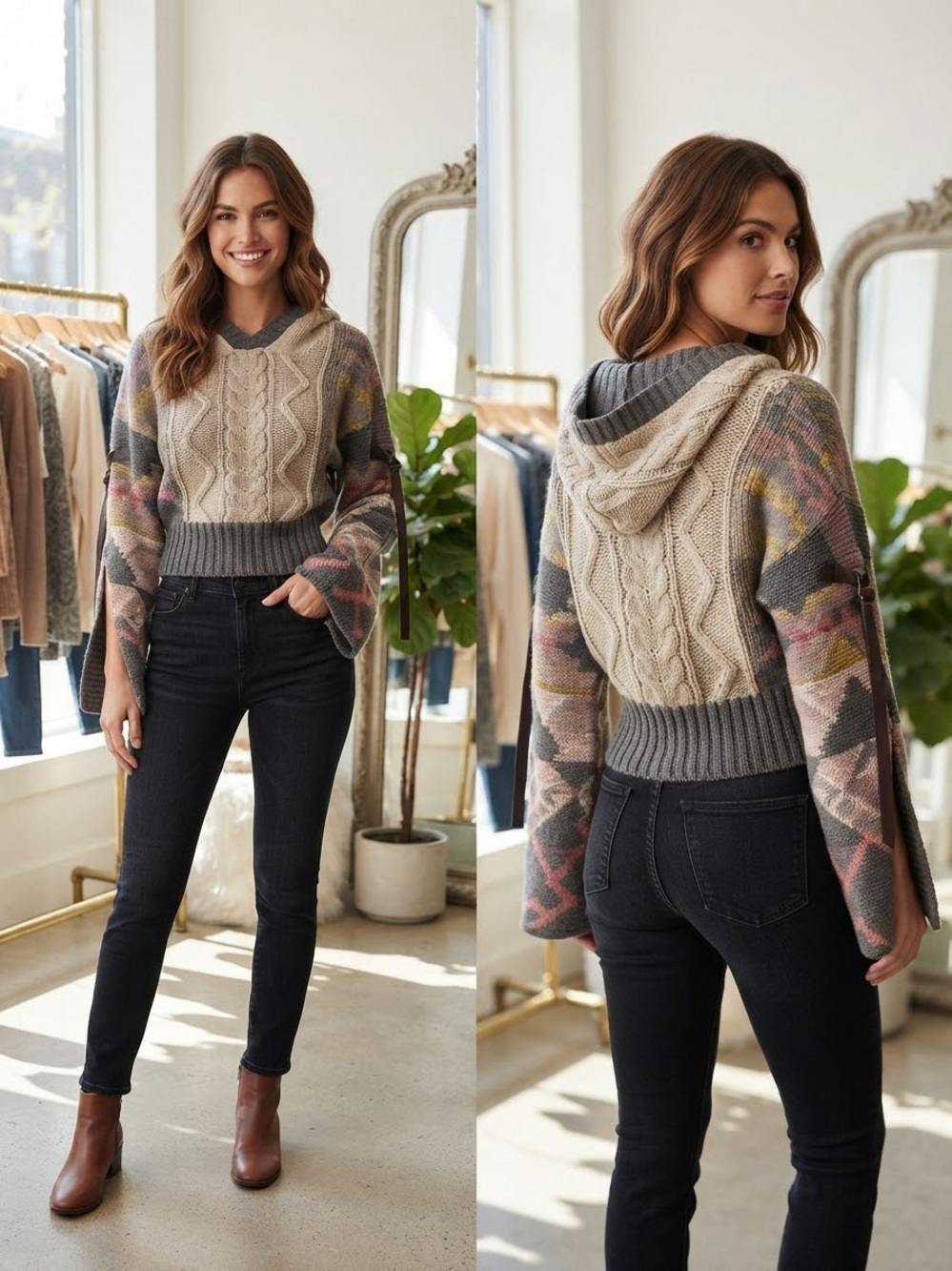 CUE & EMM Hooded Knit Sweater with Geometric Pattern